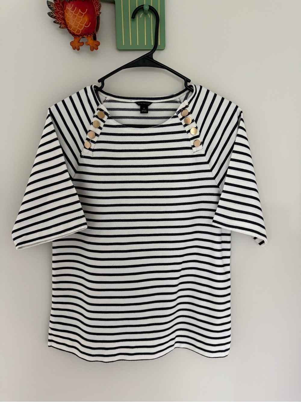 Ann Taylor Black and White Striped Short Sleeve Top with Gold Buttons